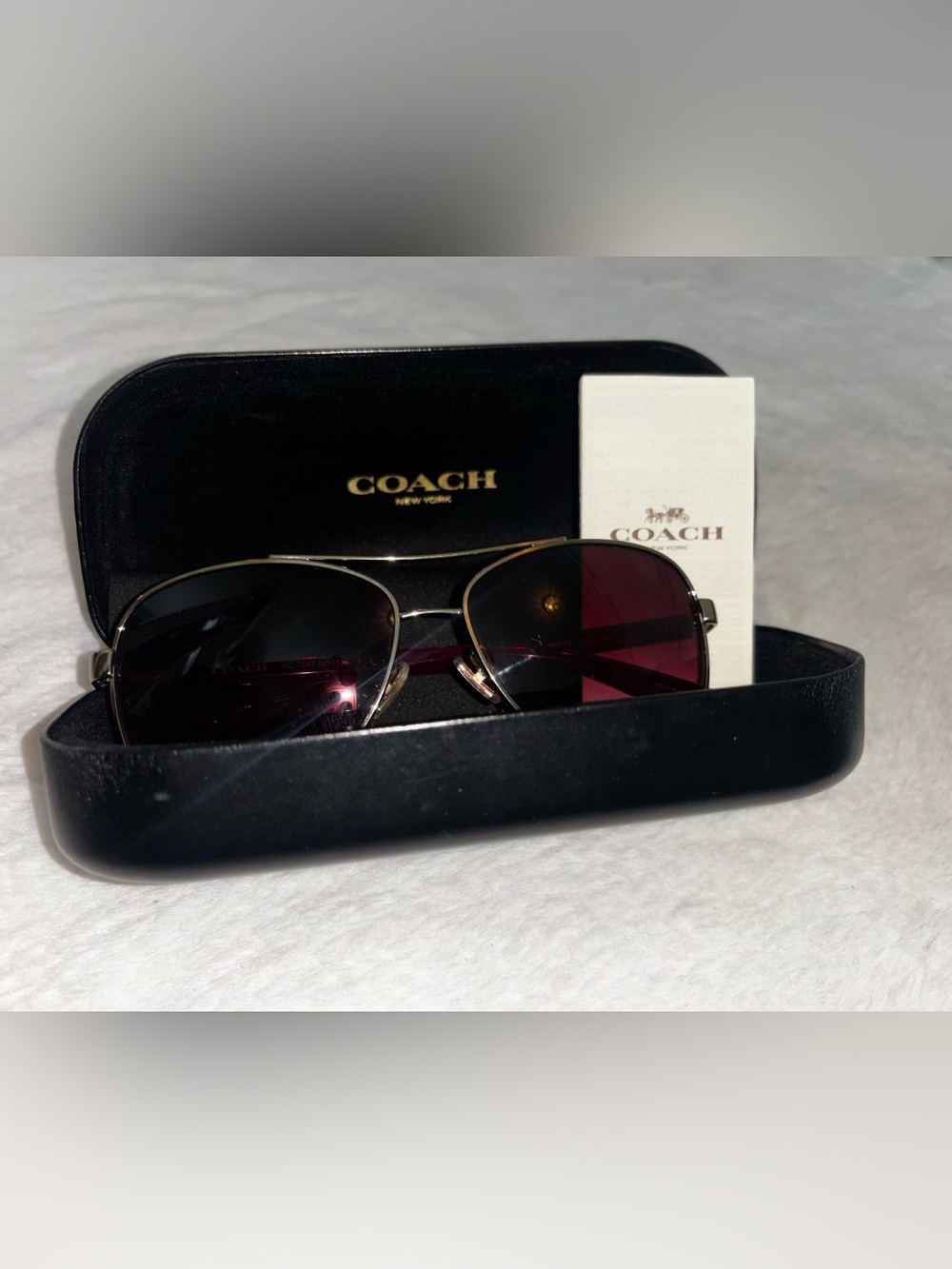 Coach Gold Aviator Sunglasses with Burgundy Lenses